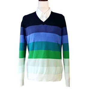 Vintage Cotton Sweater Oversized Striped Knit V Neck White Black Size M Tall